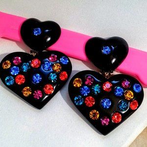 Vtg 80's Multi-color Swarovski Crystal Black Lucite Heart 2.5" Clip-on Earrings